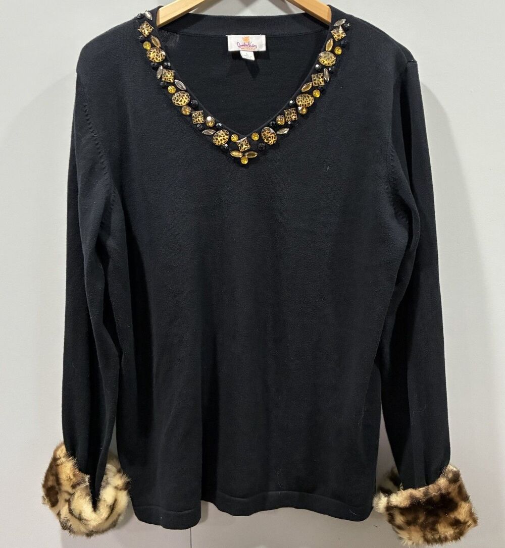 Quacker Factory Vintage Embellished Sweater Detachable Leopard Fur Cuffs L